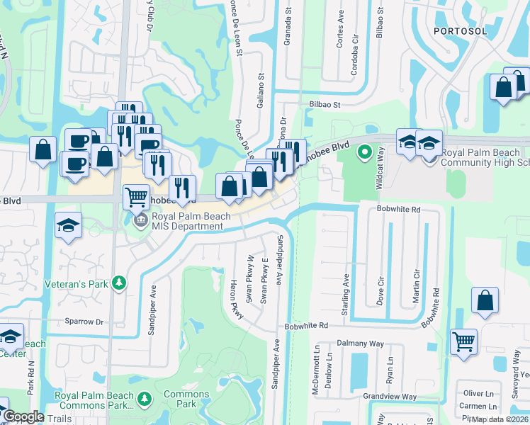 map of restaurants, bars, coffee shops, grocery stores, and more near 198 Sparrow Drive in Royal Palm Beach