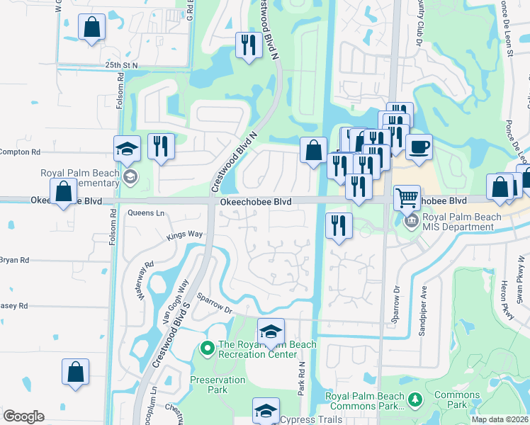 map of restaurants, bars, coffee shops, grocery stores, and more near 142 Weybridge Circle in Royal Palm Beach