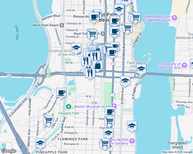 map of restaurants, bars, coffee shops, grocery stores, and more near 560 Okeechobee Boulevard in West Palm Beach