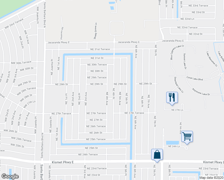 map of restaurants, bars, coffee shops, grocery stores, and more near 2816 Northeast 4th Place in Cape Coral