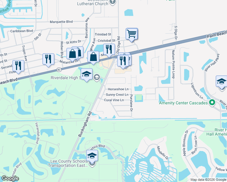 map of restaurants, bars, coffee shops, grocery stores, and more near 15550 Horseshoe Lane in Fort Myers