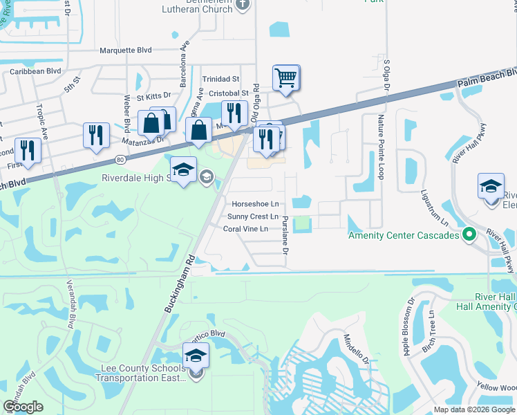 map of restaurants, bars, coffee shops, grocery stores, and more near 15562 Horseshoe Lane in Fort Myers