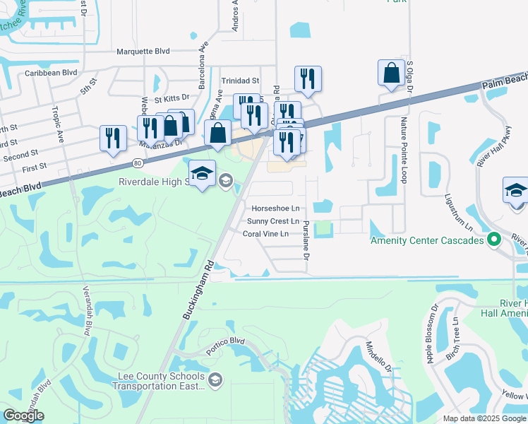 map of restaurants, bars, coffee shops, grocery stores, and more near 15550 Horseshoe Lane in Fort Myers