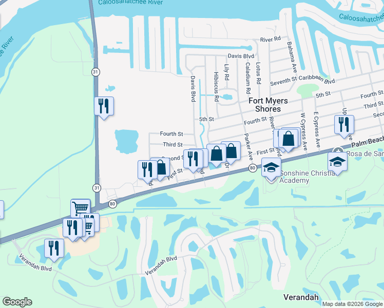map of restaurants, bars, coffee shops, grocery stores, and more near 12355 Third Street in Fort Myers