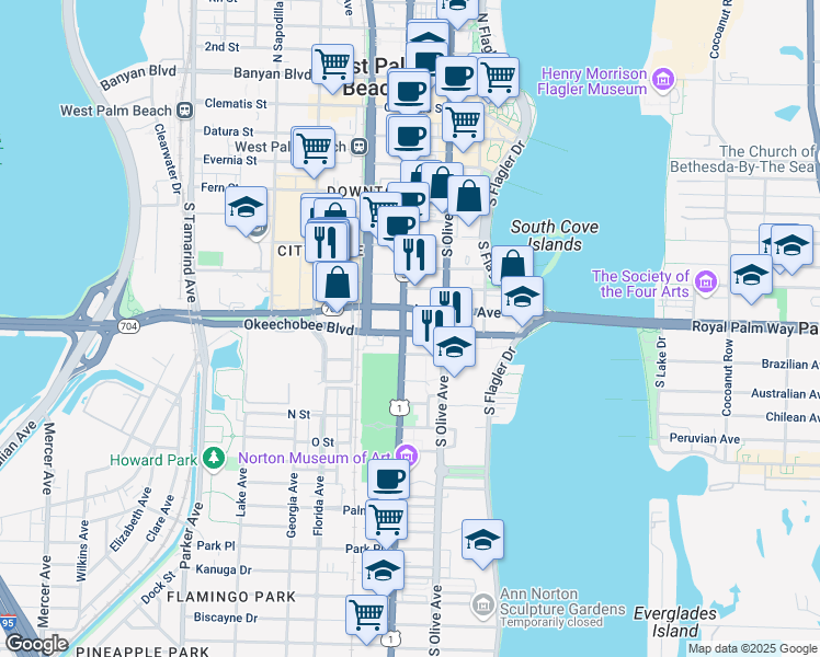 map of restaurants, bars, coffee shops, grocery stores, and more near 383 Okeechobee Boulevard in West Palm Beach