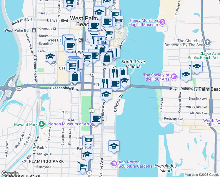 map of restaurants, bars, coffee shops, grocery stores, and more near 142 Lakeview Avenue in West Palm Beach