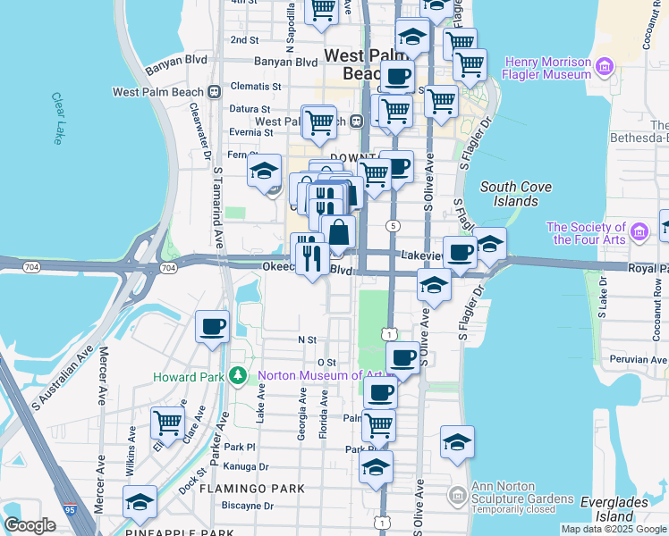 map of restaurants, bars, coffee shops, grocery stores, and more near 560 Okeechobee Boulevard in West Palm Beach