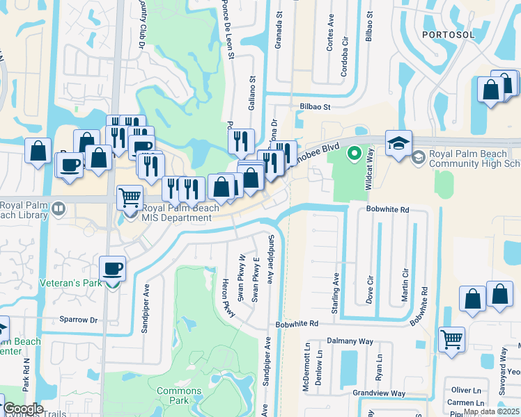 map of restaurants, bars, coffee shops, grocery stores, and more near 200 Sparrow Drive in Royal Palm Beach
