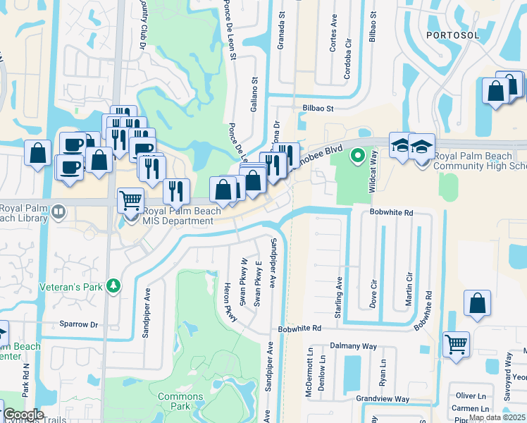 map of restaurants, bars, coffee shops, grocery stores, and more near 200 Sparrow Drive in Royal Palm Beach
