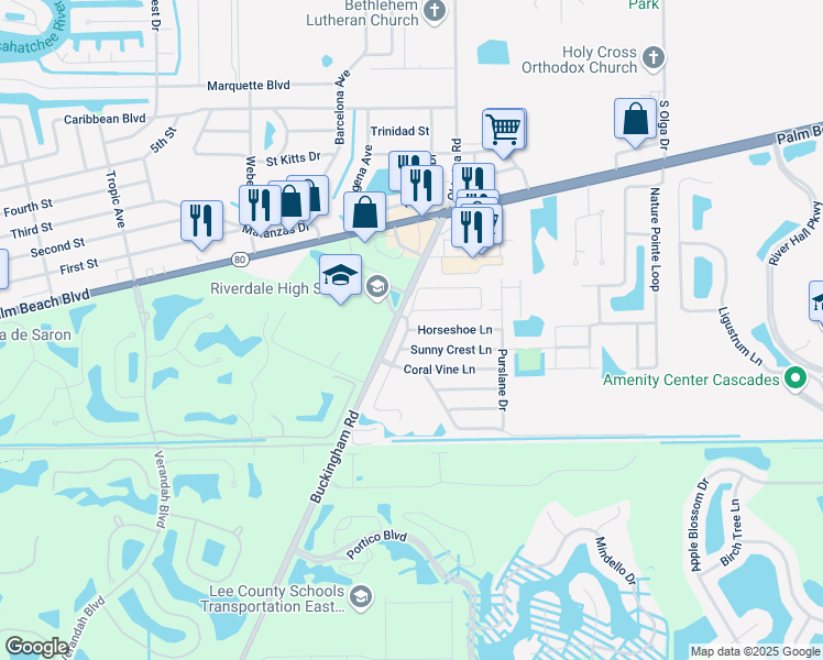 map of restaurants, bars, coffee shops, grocery stores, and more near 15500 Horseshoe Lane in Fort Myers