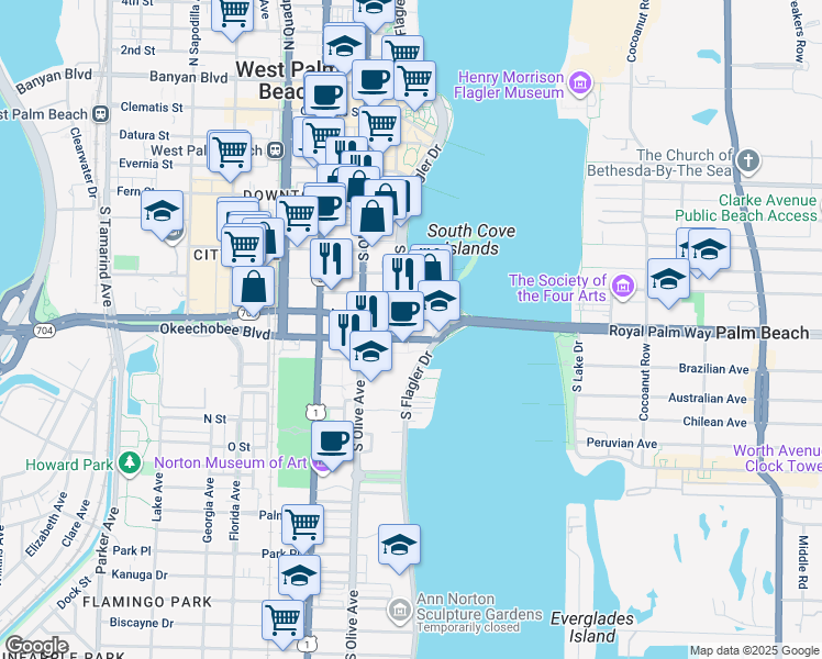 map of restaurants, bars, coffee shops, grocery stores, and more near 142 Lakeview Avenue in West Palm Beach