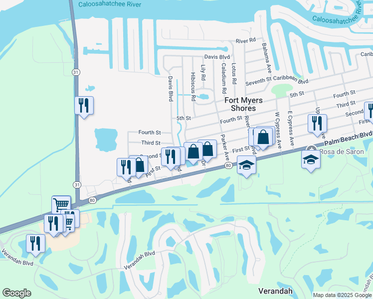 map of restaurants, bars, coffee shops, grocery stores, and more near 2740 Davis Boulevard in Fort Myers