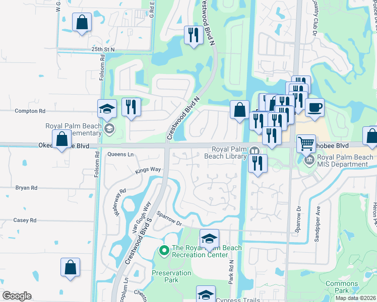 map of restaurants, bars, coffee shops, grocery stores, and more near 276 Beaver Dam Court in Royal Palm Beach
