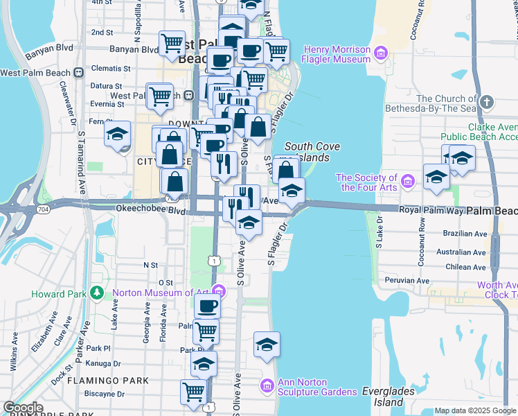 map of restaurants, bars, coffee shops, grocery stores, and more near in West Palm Beach