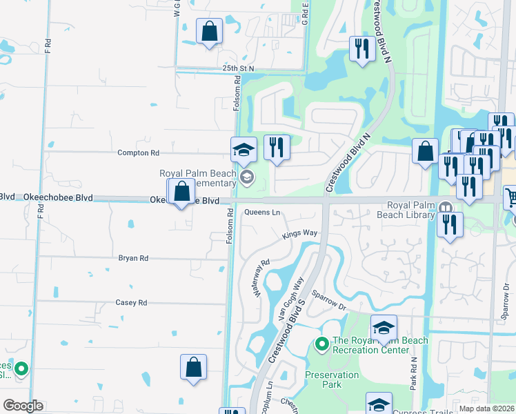 map of restaurants, bars, coffee shops, grocery stores, and more near 122 Queens Lane in Royal Palm Beach