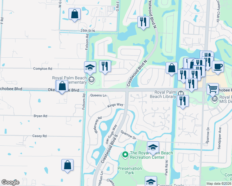 map of restaurants, bars, coffee shops, grocery stores, and more near 104 Oxford Court in Royal Palm Beach