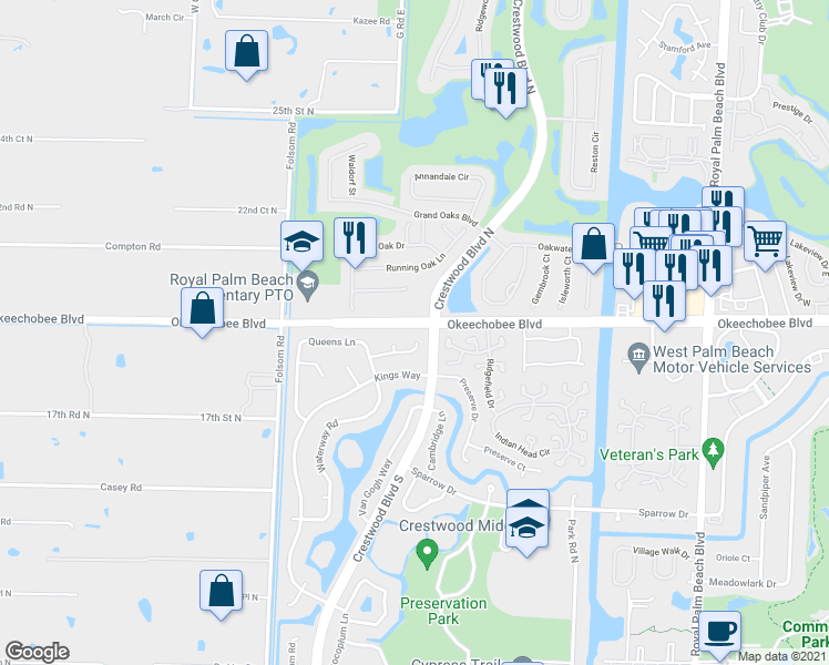 map of restaurants, bars, coffee shops, grocery stores, and more near 113 Hemingway Court in Royal Palm Beach