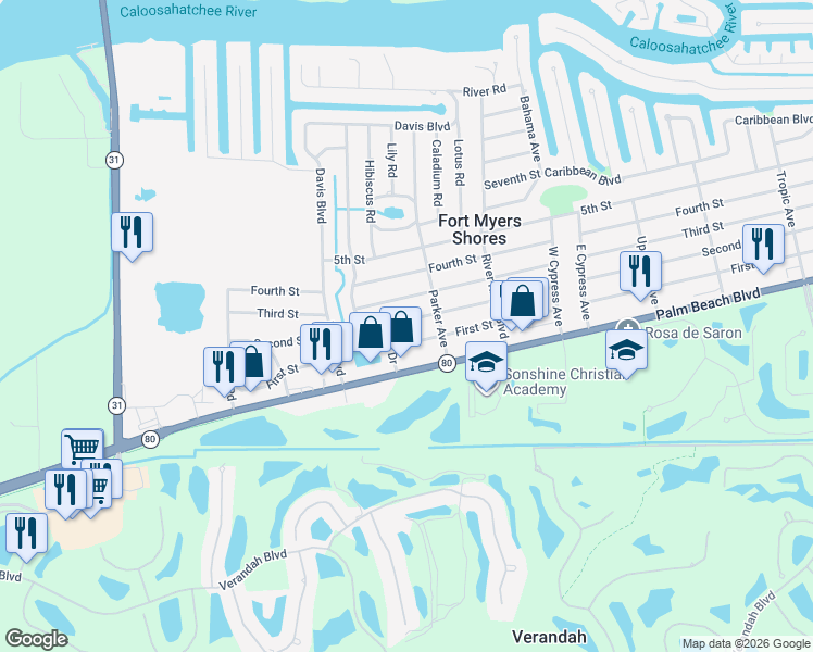 map of restaurants, bars, coffee shops, grocery stores, and more near 12625 Second Street in Fort Myers