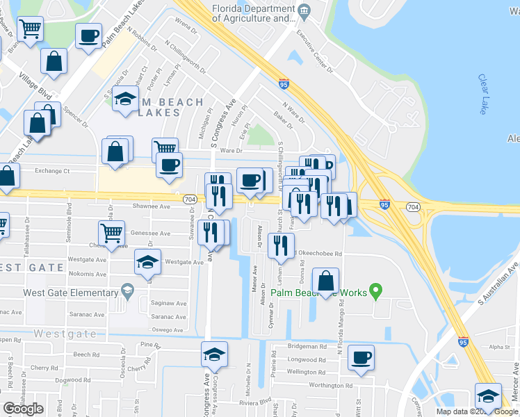 map of restaurants, bars, coffee shops, grocery stores, and more near 2124 Okeechobee Boulevard in West Palm Beach