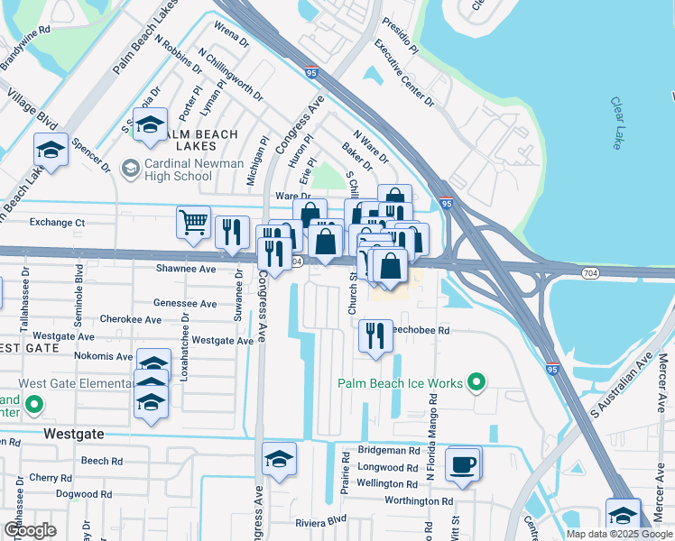 map of restaurants, bars, coffee shops, grocery stores, and more near 2122 Okeechobee Boulevard in West Palm Beach