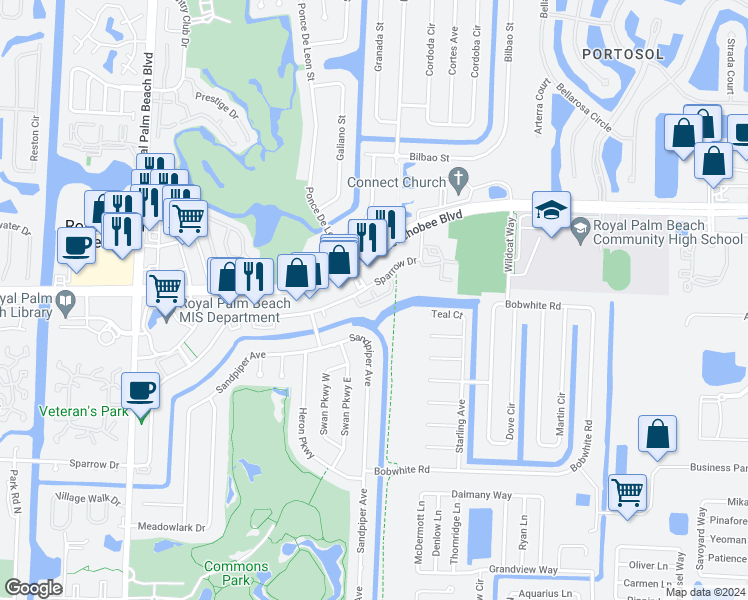 map of restaurants, bars, coffee shops, grocery stores, and more near 216 Sparrow Drive in Royal Palm Beach
