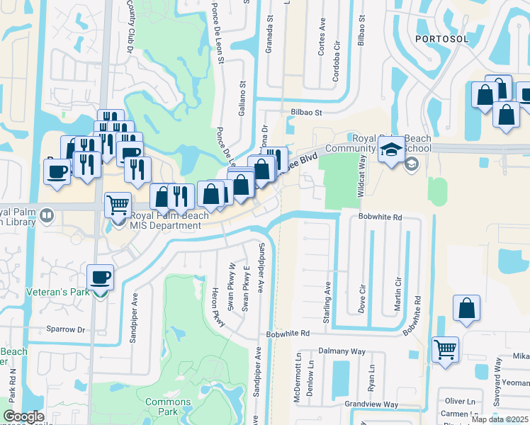 map of restaurants, bars, coffee shops, grocery stores, and more near 216 Sparrow Drive in Royal Palm Beach