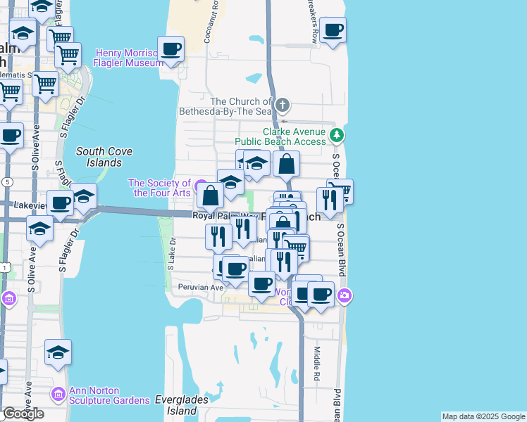 map of restaurants, bars, coffee shops, grocery stores, and more near 251 Royal Palm Way in Palm Beach