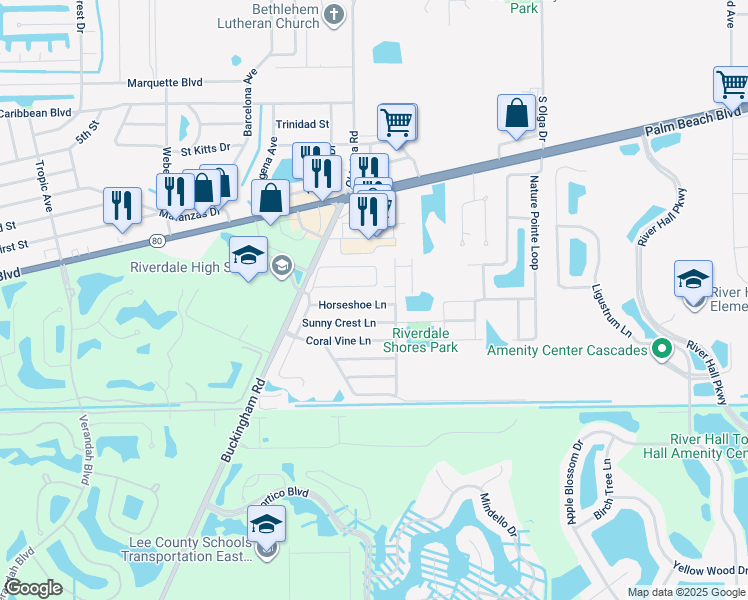 map of restaurants, bars, coffee shops, grocery stores, and more near 15569 Horseshoe Lane in Fort Myers