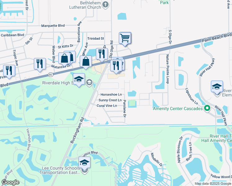 map of restaurants, bars, coffee shops, grocery stores, and more near 15565 Horseshoe Lane in Fort Myers