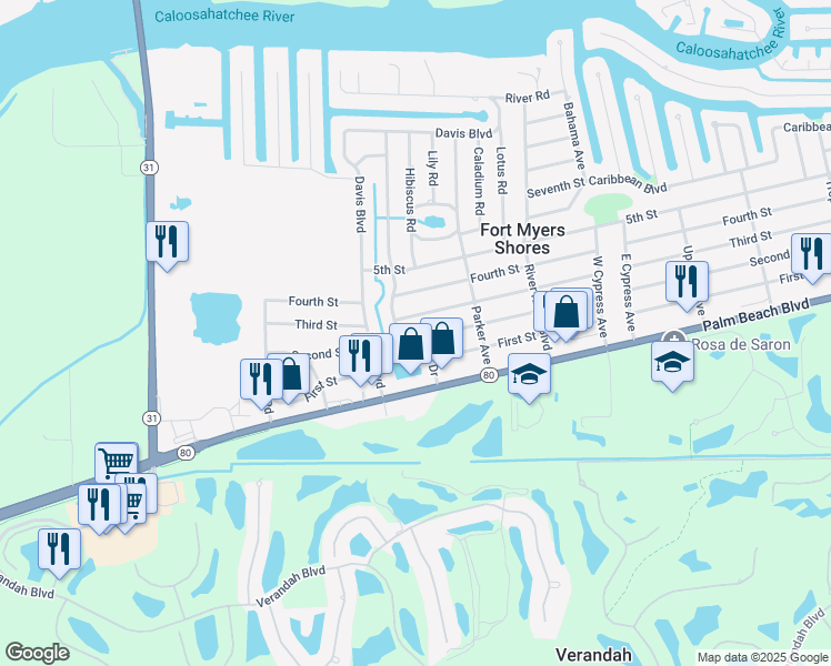 map of restaurants, bars, coffee shops, grocery stores, and more near 12608 Second Street in Fort Myers