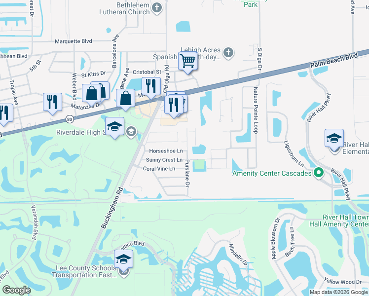 map of restaurants, bars, coffee shops, grocery stores, and more near 2630 Purslane Drive in Fort Myers