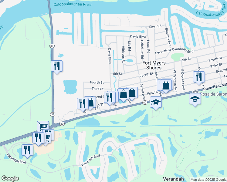 map of restaurants, bars, coffee shops, grocery stores, and more near 2740 Davis Boulevard in Fort Myers