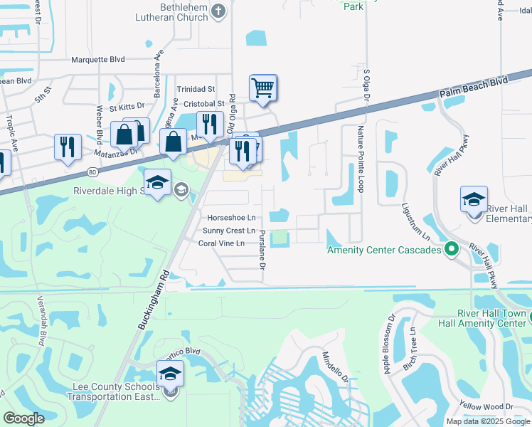 map of restaurants, bars, coffee shops, grocery stores, and more near 2631 Purslane Drive in Fort Myers