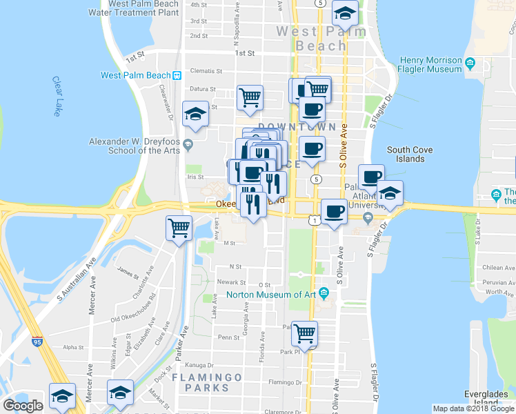 map of restaurants, bars, coffee shops, grocery stores, and more near 901 South Rosemary Avenue in West Palm Beach