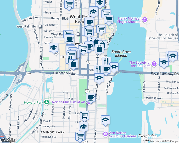 map of restaurants, bars, coffee shops, grocery stores, and more near 804 South Dixie Highway in West Palm Beach