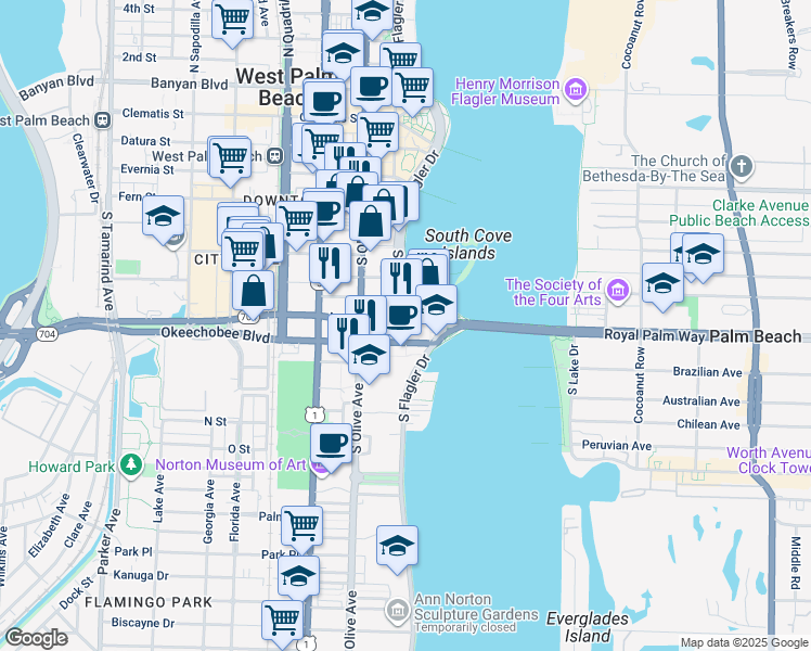 map of restaurants, bars, coffee shops, grocery stores, and more near 142 Lakeview Avenue in West Palm Beach