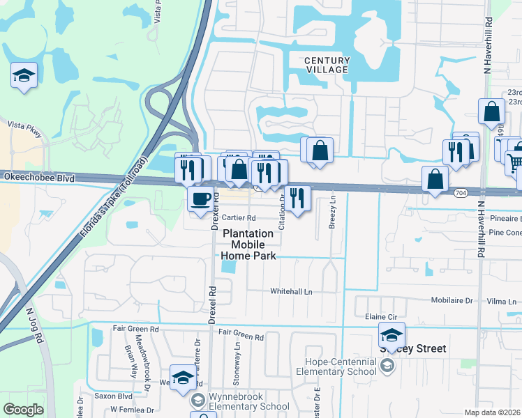 map of restaurants, bars, coffee shops, grocery stores, and more near 5828 Tiffany Place in West Palm Beach