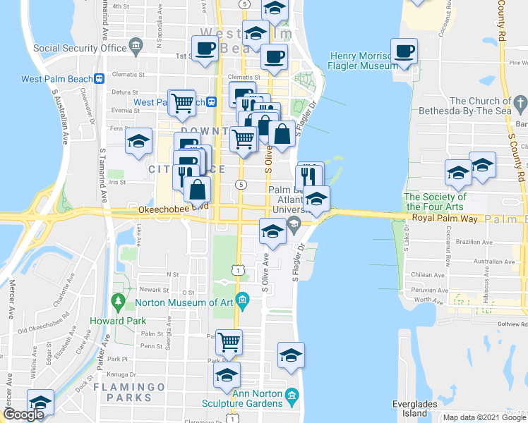 map of restaurants, bars, coffee shops, grocery stores, and more near 220 Lakeview Avenue in West Palm Beach