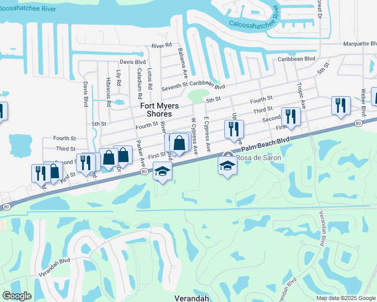 map of restaurants, bars, coffee shops, grocery stores, and more near 13023 First Street in Fort Myers