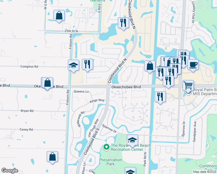 map of restaurants, bars, coffee shops, grocery stores, and more near Okeechobee Blvd & Crestwood Blvd N in Royal Palm Beach