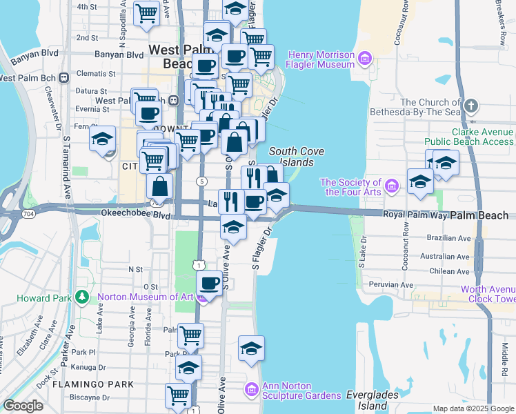 map of restaurants, bars, coffee shops, grocery stores, and more near 142 Lakeview Avenue in West Palm Beach