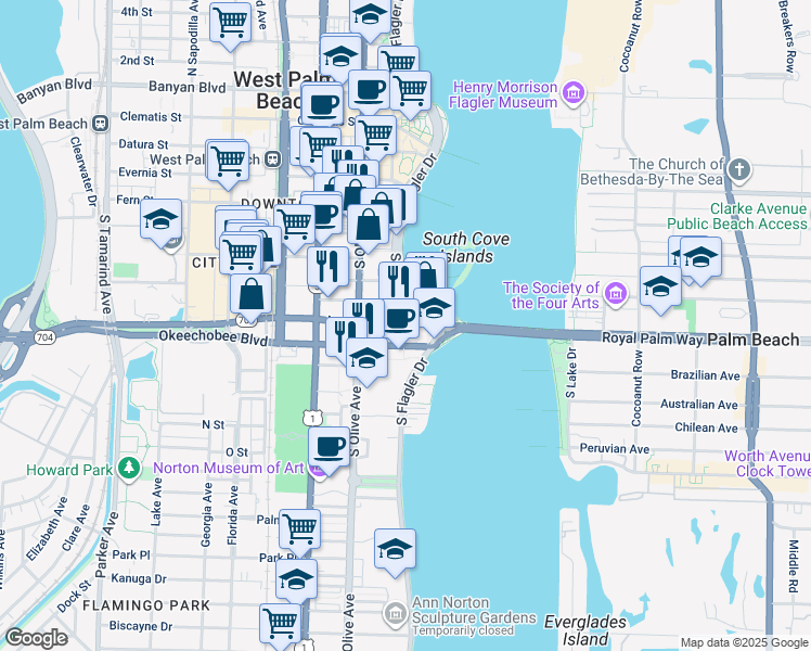 map of restaurants, bars, coffee shops, grocery stores, and more near 134 Lakeview Avenue in West Palm Beach