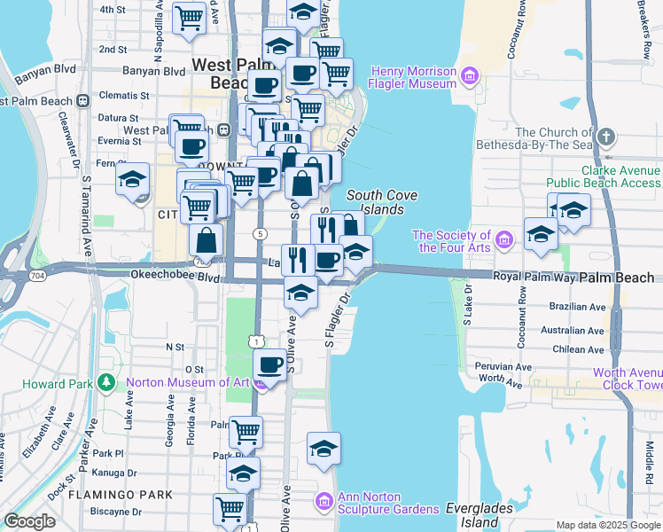 map of restaurants, bars, coffee shops, grocery stores, and more near 134 Lakeview Avenue in West Palm Beach