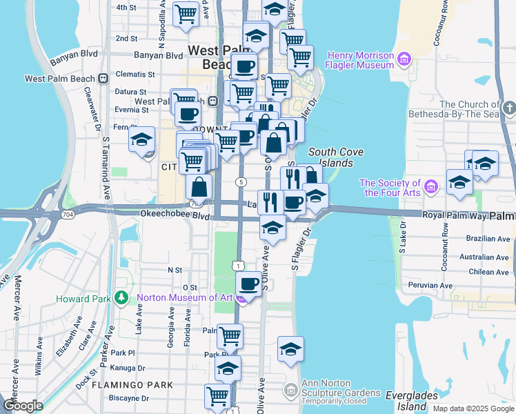 map of restaurants, bars, coffee shops, grocery stores, and more near 220 Lakeview Avenue in West Palm Beach