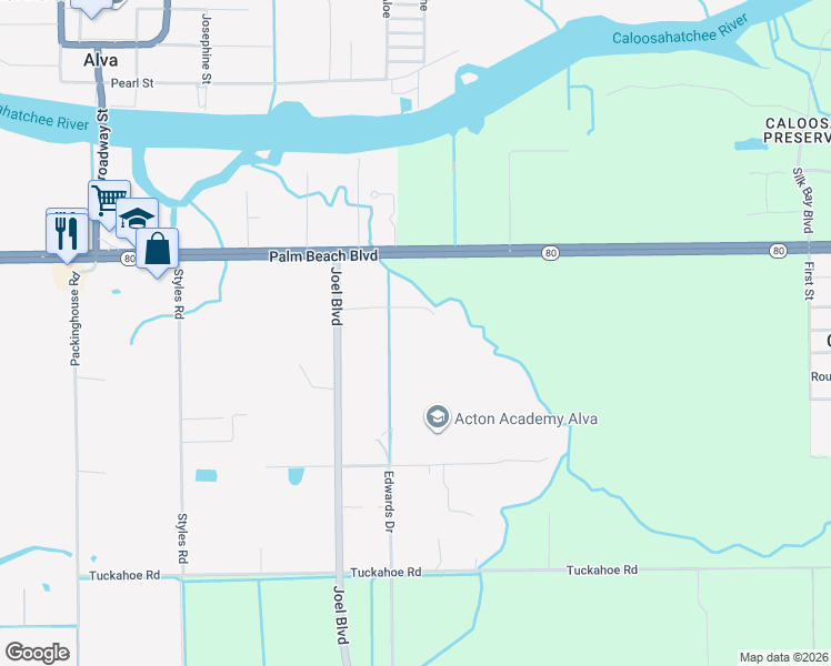 map of restaurants, bars, coffee shops, grocery stores, and more near 2870 Joel Boulevard in Alva