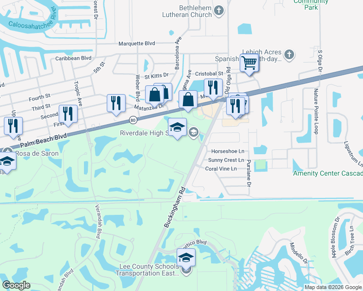 map of restaurants, bars, coffee shops, grocery stores, and more near 2600 Buckingham Road in Fort Myers