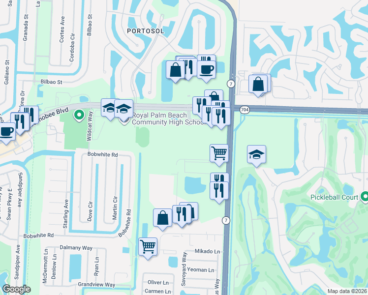 map of restaurants, bars, coffee shops, grocery stores, and more near 10312 Fox Trail Road South in West Palm Beach