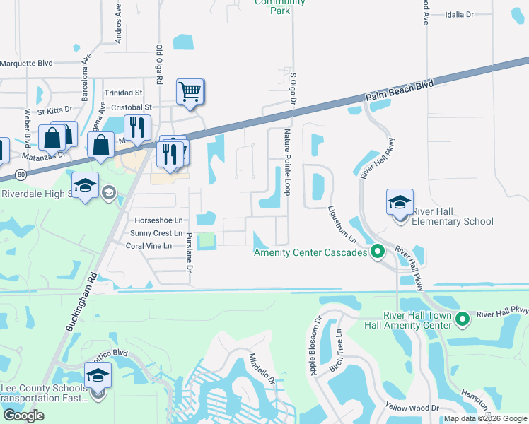 map of restaurants, bars, coffee shops, grocery stores, and more near 15081 Hawks Shadow Drive in Fort Myers