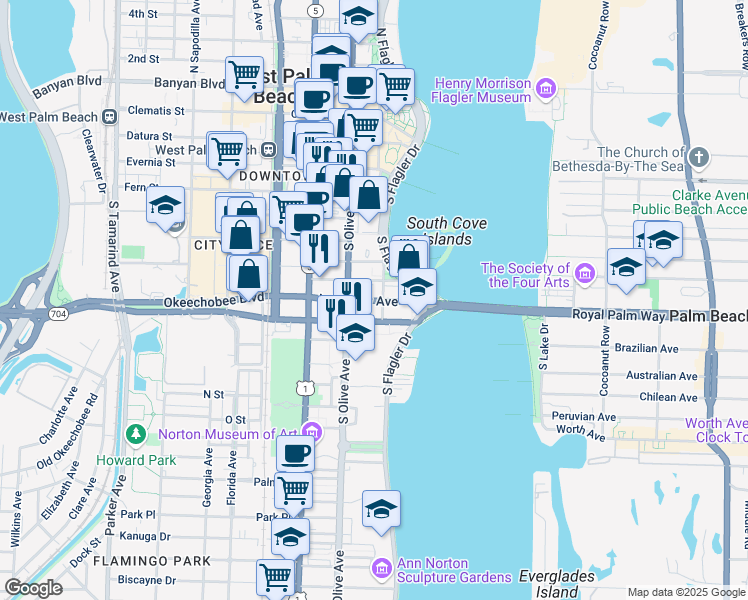 map of restaurants, bars, coffee shops, grocery stores, and more near 222 Lakeview Avenue in West Palm Beach