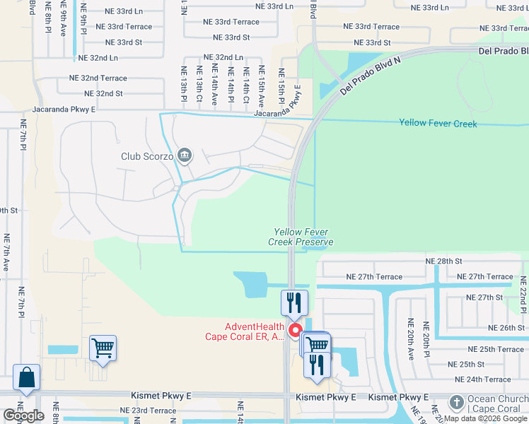map of restaurants, bars, coffee shops, grocery stores, and more near 3100 Del Prado Boulevard North in Cape Coral